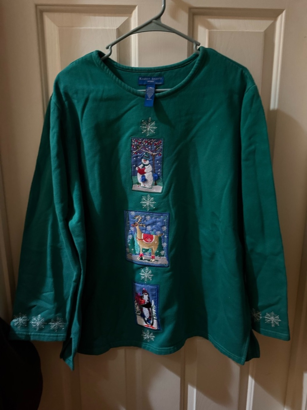 Karen Scott Green Long-Sleeve Holiday Sweatshirt Snowman and Reindeer Patches 1X